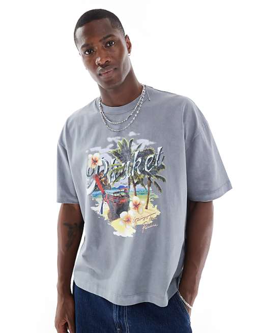 DESIGN heavyweight boxy oversized t-shirt in light washed grey with high summer graphic