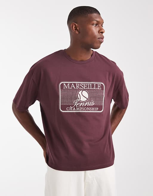 DESIGN heavyweight boxy oversized t-shirt with sport embroidery in burgundy