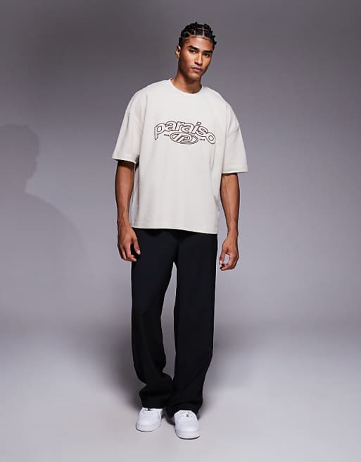 DESIGN Heavyweight Boxy Oversized T-shirt With Dropped Shoulder And Text Embroidery In Beige Pique