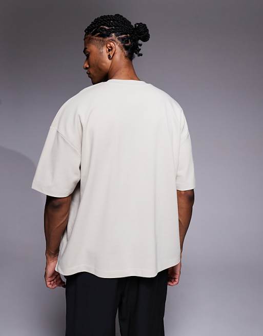 DESIGN Heavyweight Boxy Oversized T-shirt With Dropped Shoulder And Text Embroidery In Beige Pique