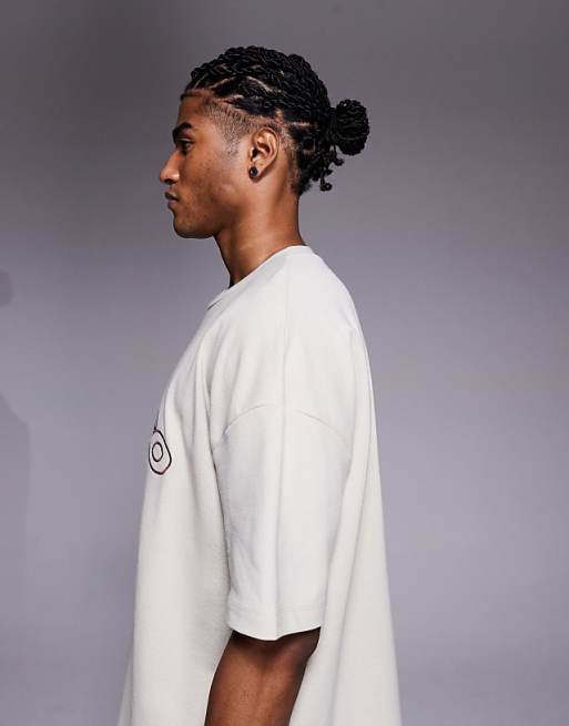 DESIGN Heavyweight Boxy Oversized T-shirt With Dropped Shoulder And Text Embroidery In Beige Pique