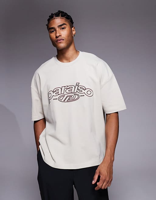 DESIGN heavyweight boxy oversized t-shirt with dropped shoulder and text embroidery in beige pique