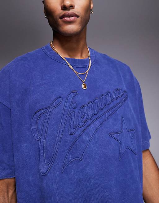 DESIGN Heavyweight Boxy Oversized T-shirt With City Text Applique In Washed Navy