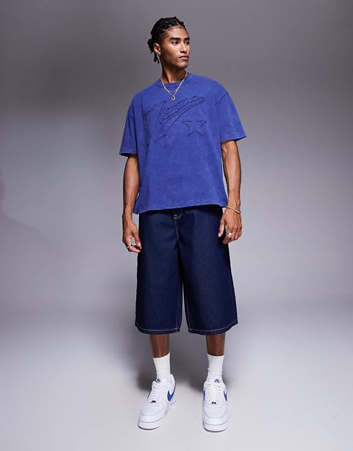 DESIGN Heavyweight Boxy Oversized T-shirt With City Text Applique In Washed Navy