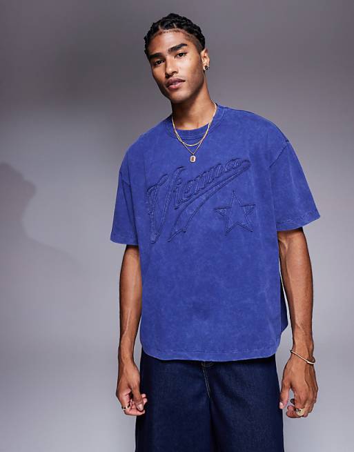 DESIGN heavyweight boxy oversized t-shirt with city text applique in washed navy