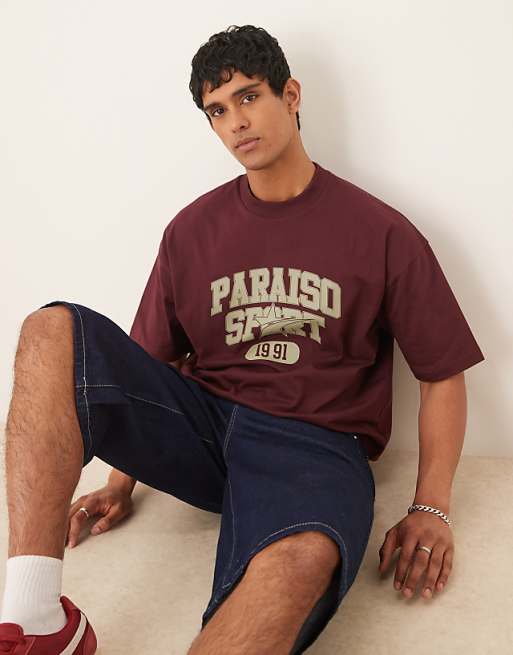 DESIGN heavyweight boxy oversized t-shirt with print in burgundy