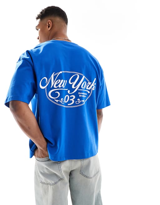 DESIGN heavyweight boxy oversized t-shirt with city graphic in blue