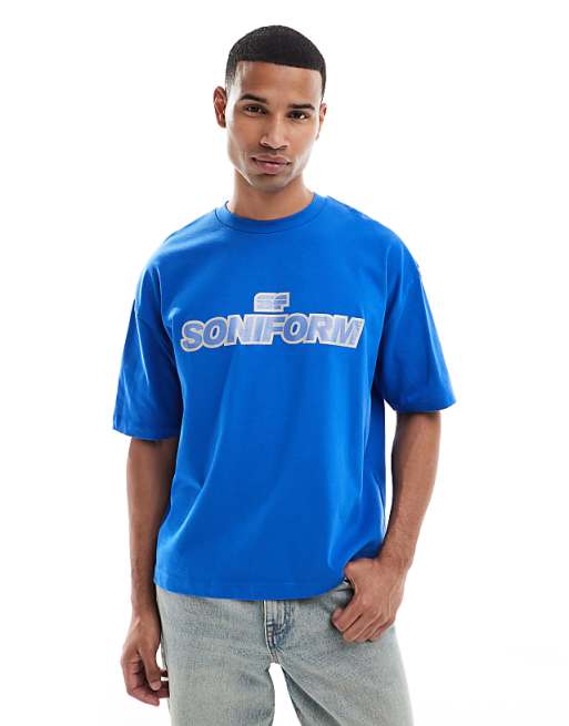 DESIGN heavyweight boxy oversized t-shirt with front graphic in blue