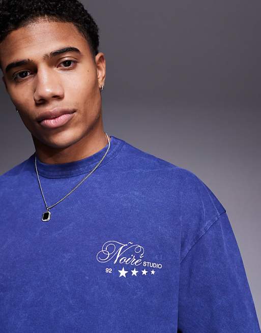 DESIGN Heavyweight Boxy Oversized T-shirt With Text Graphic In Washed Blue