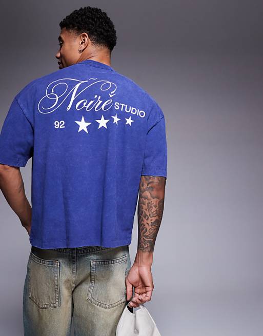 DESIGN heavyweight boxy oversized t-shirt with text graphic in washed blue