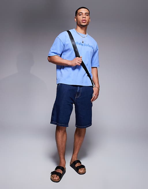 DESIGN Heavyweight Boxy Oversized T-shirt With Text Embroidery In Washed Blue