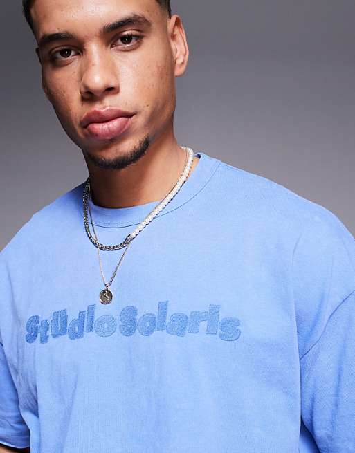 DESIGN Heavyweight Boxy Oversized T-shirt With Text Embroidery In Washed Blue