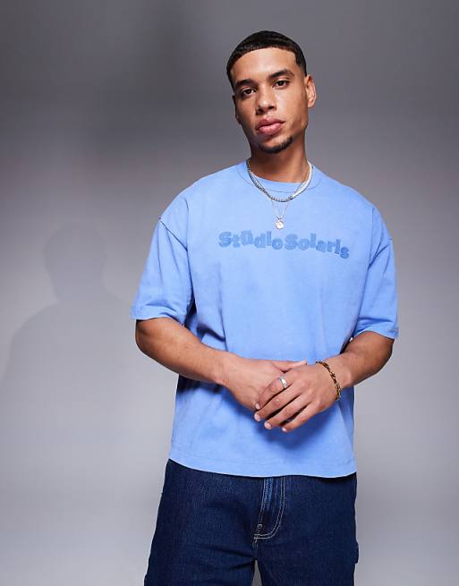 DESIGN heavyweight boxy oversized t-shirt with text embroidery in washed blue