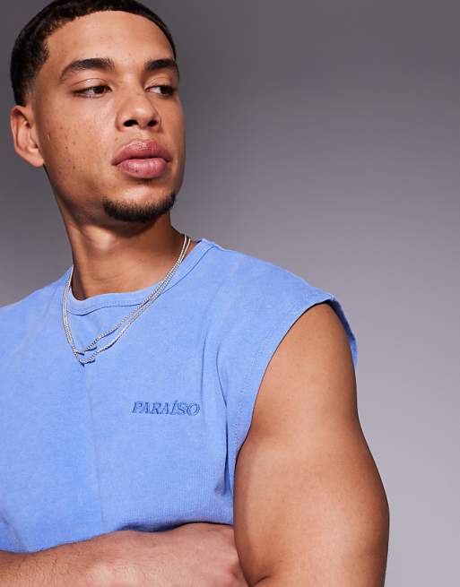 DESIGN Heavyweight Boxy Oversized Tank With Text Graphic In Washed Blue