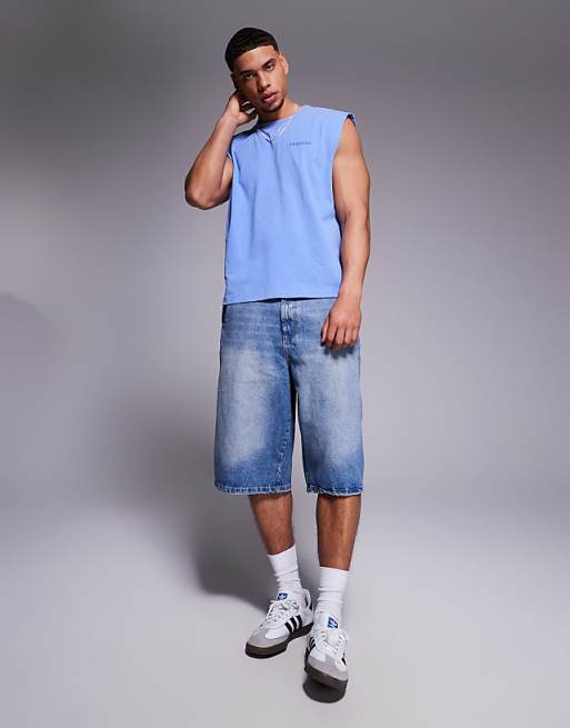 DESIGN Heavyweight Boxy Oversized Tank With Text Graphic In Washed Blue