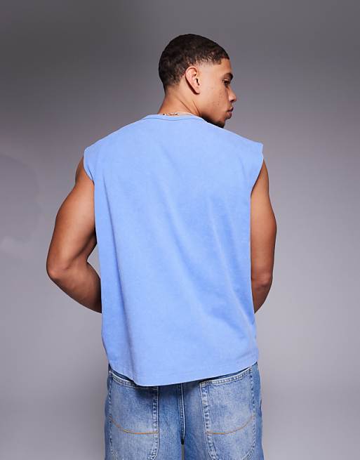 DESIGN Heavyweight Boxy Oversized Tank With Text Graphic In Washed Blue