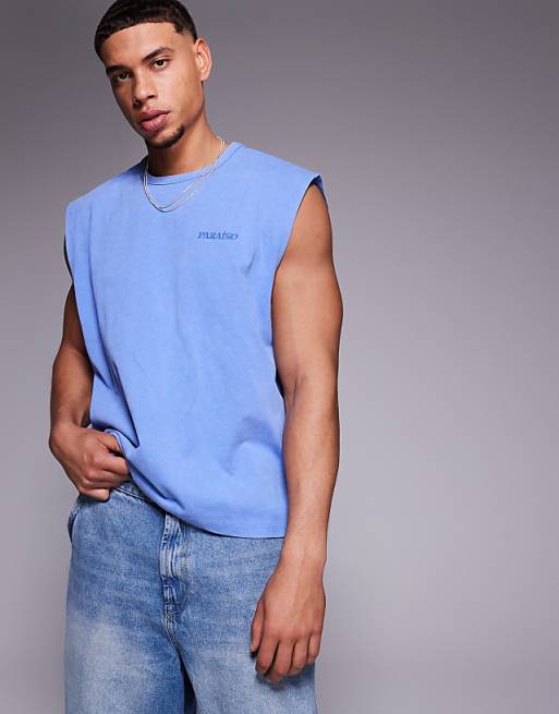 DESIGN heavyweight boxy oversized tank with text graphic in washed blue