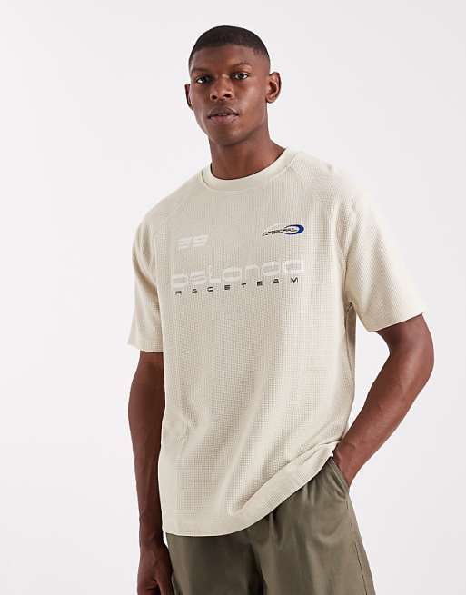 DESIGN heavyweight boxy raglan t-shirt with sports graphic in beige waffle texture