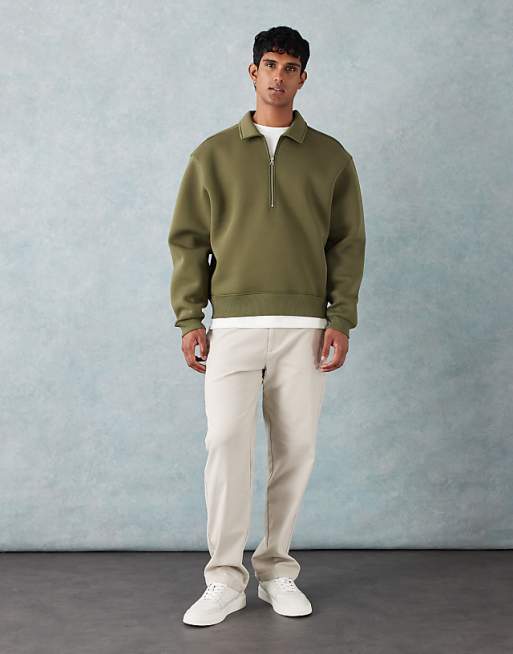 DESIGN Heavyweight Boxy Relaxed Quarter Zip Sweatshirt With Collar In Scuba-style Fabric In Khaki