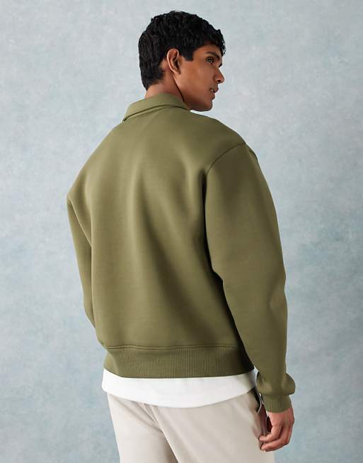 DESIGN Heavyweight Boxy Relaxed Quarter Zip Sweatshirt With Collar In Scuba-style Fabric In Khaki