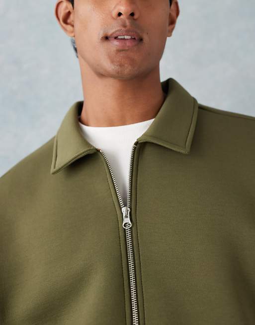 DESIGN Heavyweight Boxy Relaxed Quarter Zip Sweatshirt With Collar In Scuba-style Fabric In Khaki