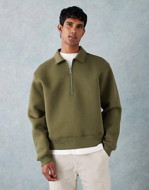 DESIGN heavyweight boxy relaxed quarter zip sweatshirt with collar in scuba-style fabric in khaki