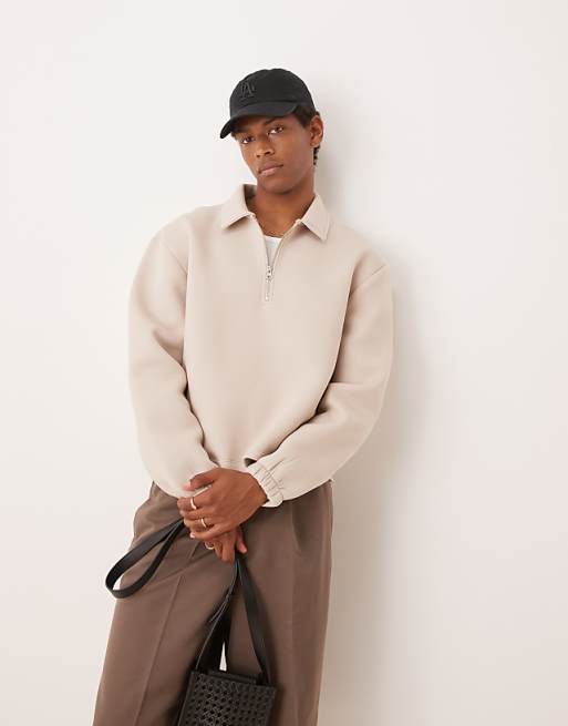 DESIGN heavyweight boxy relaxed quarter zip sweatshirt in scuba-style fabric in beige
