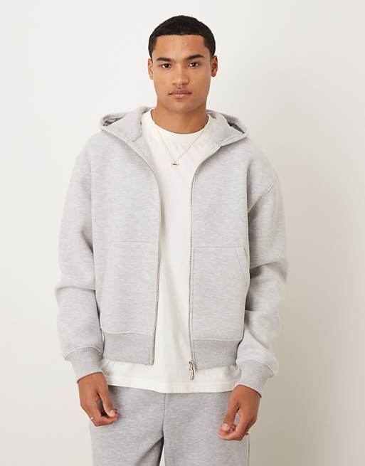 DESIGN heavyweight boxy relaxed zip through hoodie in scuba-style fabric in ice marl