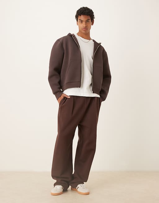 DESIGN Heavyweight Boxy Relaxed Zip Through Hoodie In Scuba-style Fabric In Brown