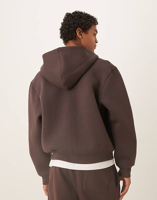 DESIGN Heavyweight Boxy Relaxed Zip Through Hoodie In Scuba-style Fabric In Brown