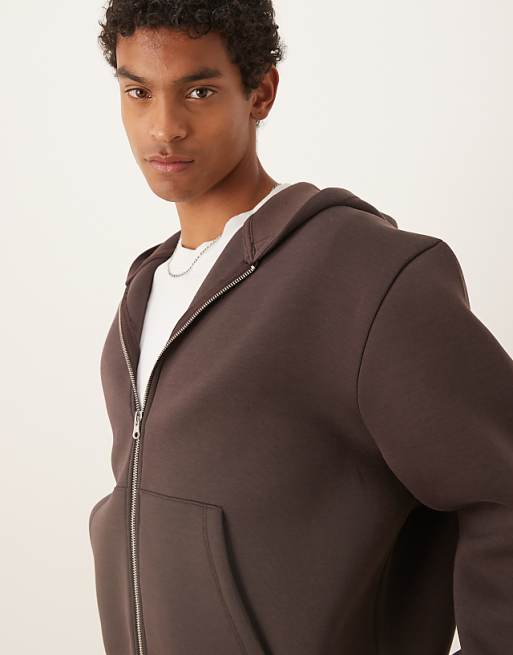 DESIGN Heavyweight Boxy Relaxed Zip Through Hoodie In Scuba-style Fabric In Brown