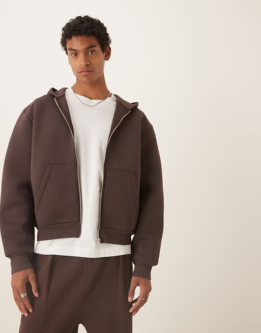 DESIGN heavyweight boxy relaxed zip through hoodie in scuba-style fabric in brown