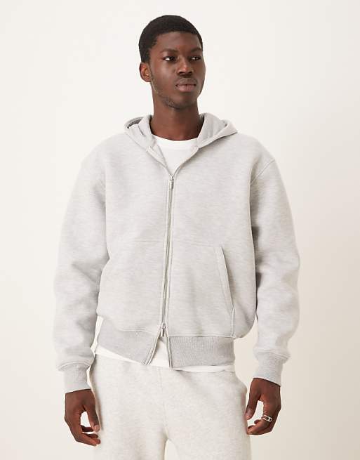DESIGN heavyweight boxy relaxed zip through hoodie in scuba-style fabric in grey marl
