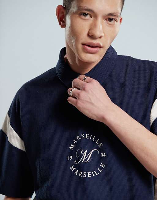 DESIGN Heavyweight Boxy Waffle Texture Oversized Polo With Panelling And Chest Print In Navy