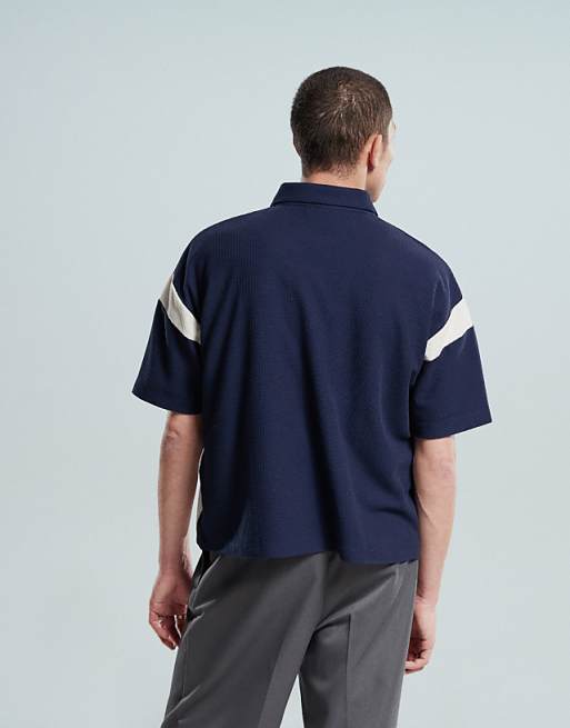 DESIGN Heavyweight Boxy Waffle Texture Oversized Polo With Panelling And Chest Print In Navy