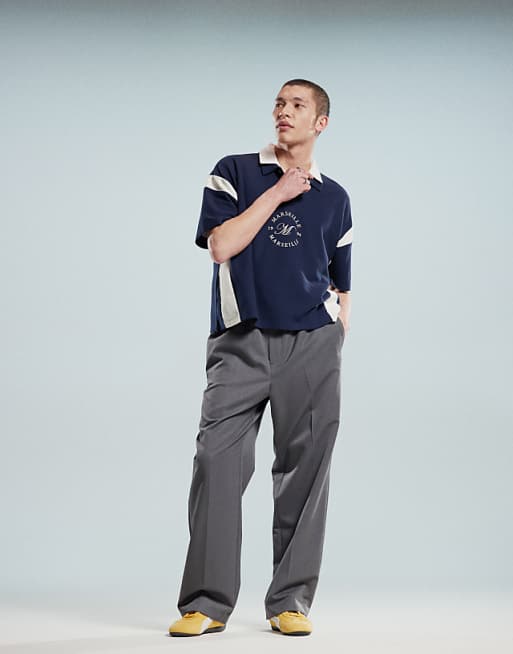 DESIGN Heavyweight Boxy Waffle Texture Oversized Polo With Panelling And Chest Print In Navy