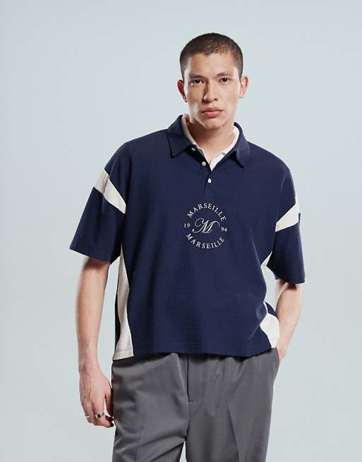 DESIGN heavyweight boxy waffle texture oversized polo with panelling and chest print in navy