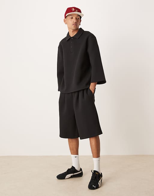DESIGN Heavyweight Co-ord Relaxed 3/4 Sleeve Polo Top In Scuba-style Fabric In Black