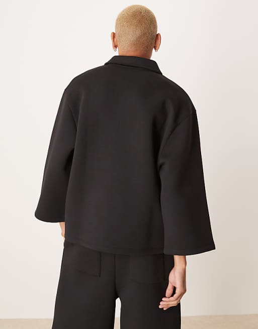 DESIGN Heavyweight Co-ord Relaxed 3/4 Sleeve Polo Top In Scuba-style Fabric In Black