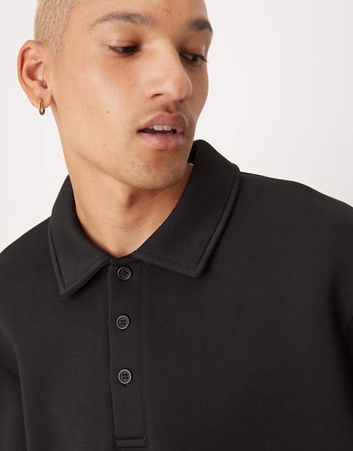 DESIGN Heavyweight Co-ord Relaxed 3/4 Sleeve Polo Top In Scuba-style Fabric In Black