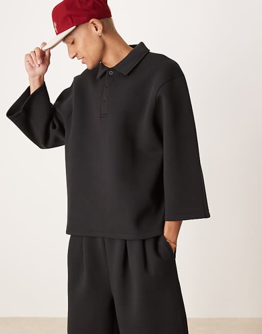 DESIGN heavyweight co-ord relaxed 3/4 sleeve polo top in scuba-style fabric in black