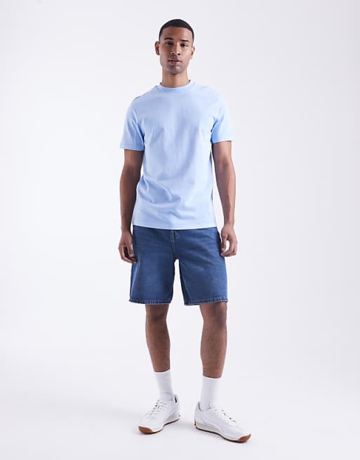 DESIGN Heavyweight Crew Neck T-shirt In Garment Dyed Blue