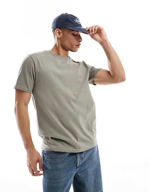 DESIGN heavyweight crew neck t-shirt in khaki