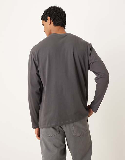 DESIGN Heavyweight Long Sleeve Relaxed T-shirt With Print In Charcoal