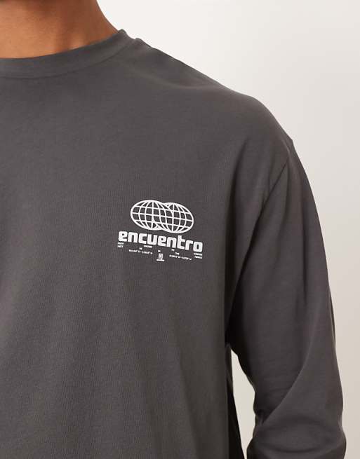 DESIGN Heavyweight Long Sleeve Relaxed T-shirt With Print In Charcoal