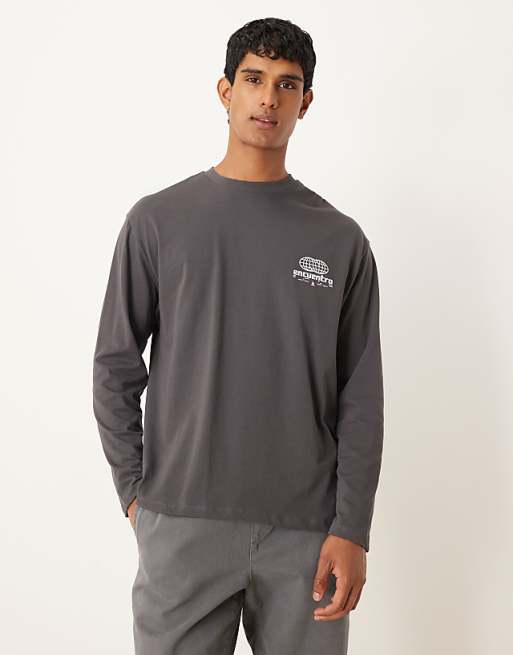 DESIGN heavyweight long sleeve relaxed t-shirt with print in charcoal
