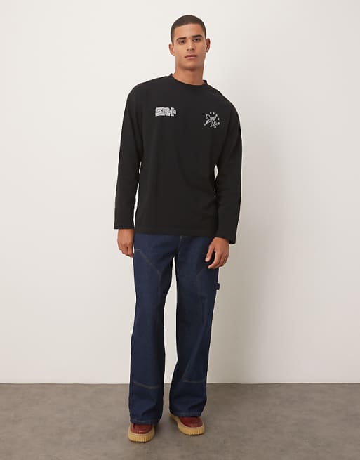 DESIGN Heavyweight Long Sleeve T-shirt With Street Graphic In Black