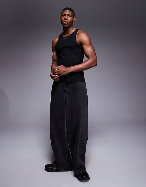 DESIGN Heavyweight Muscle Boxy High Neck Rib Vest In Black