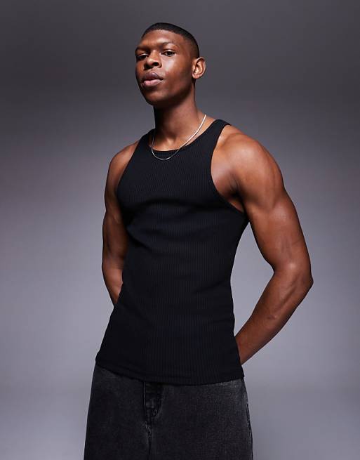DESIGN heavyweight muscle boxy high neck rib vest in black