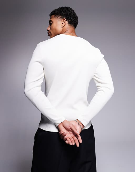 DESIGN Heavyweight Muscle Fit Long Sleeve T-shirt In Cream Rib